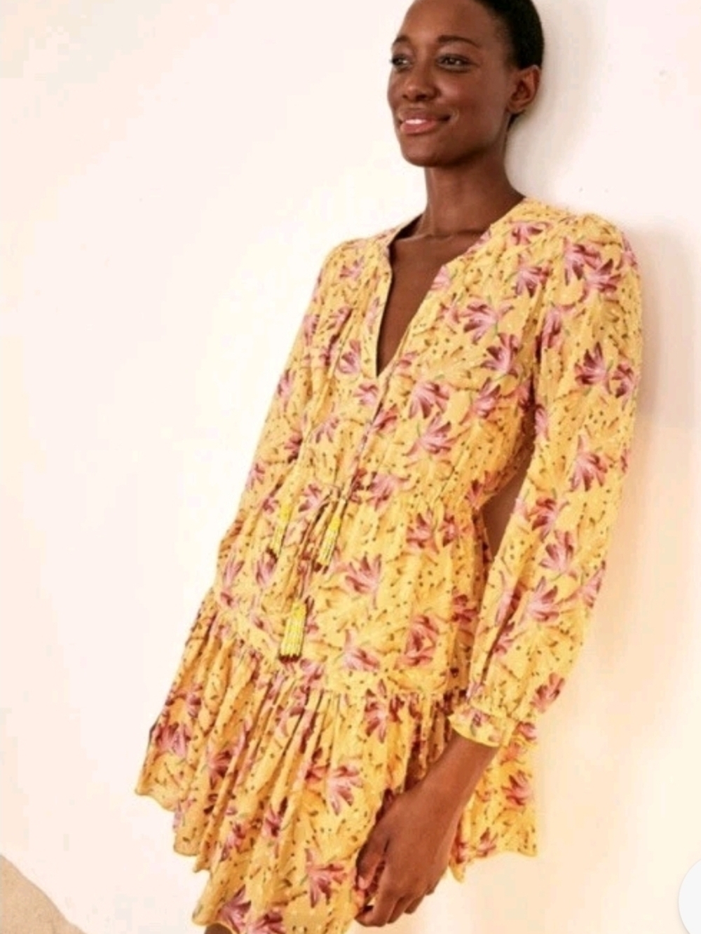 FARM Rio Yellow Mini Dress with Pink Floral Print